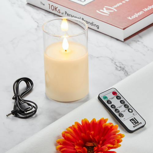 Guluto Flickering Flameless Candles, Battery Operated Candles with 3D Wick, Last 1000+ Hours LED Candle with Remote and Timer, Rechargeable Candle Real Wax White Glass, Home Decor /3" x 5" Guluto Flickering Flameless Candles, Battery Operated Candles with 3D Wick, Last 1000+ Hours LED Candle with Remote and Timer, Rechargeable Candle Real Wax White Glass, Home Decor /3" x 5"