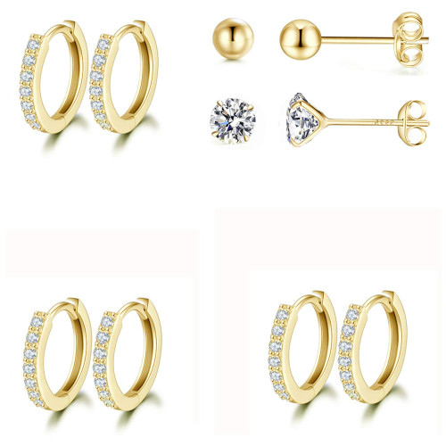GULICX 3 Pairs Sterling Silver Small Gold Hoop Stud Earrings Cubic Zirconia Cuff Earrings, Tiny Cartilage Huggie Hoop Sleeper Earrings Ball Earrings Piercing Jewellery for Women Girls