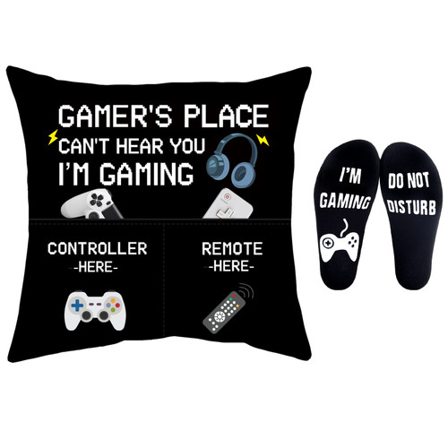 Gamer Gifts Pillow Cover Case 18x18 inch with Dual Pockets and Funny Gamer Socks Set, Stocking Stuffers for Men Him Teen Boys, Teenage Gift Idea