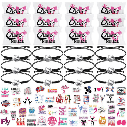 74 Pieces Cheerleader Gifts Tenins Gift Set - 12 Cheer Makeup Bag 12 Adjustable Cheer Bracelets 50 Cheerleading Stickers for Cheer Team Party Favors Girls Cheerleader Christmas Gifts