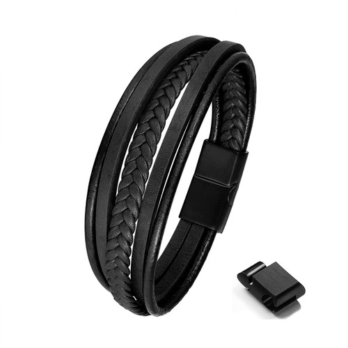 Mens Genuine Leather Bracelet, Adjustble Braided Leather Bracelets Multi-Layer Braided Leather Bracelets with Stainless Steel Magnetic Clasp for Boys Men Girls Women (Black, Standard Adjustble)