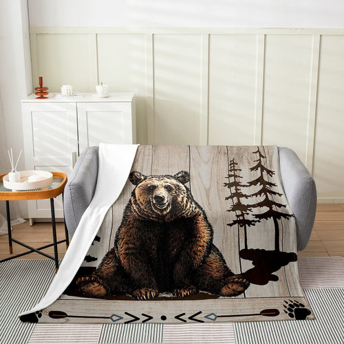 Feelyou Bear Flannel Fleece Blanket Retro Western Rustic Plush Throw Blanket, Animal All Season,Bed Blanket for Sofa Couch Kids Microfiber Arrow Wooden Paw Room Decor Throw 50"x60"