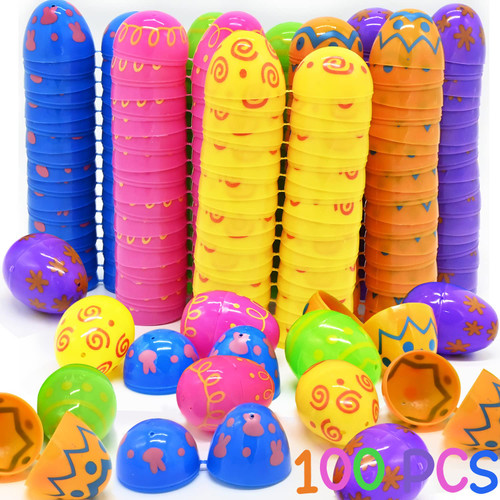 100 Pcs Fillable Plastic Printed Bright Easter Eggs, 2.4" Assorted Colorful Easter Eggs for Kids Easter Egg Hunt, Easter Basket Stuffers, Classroom Prize Supplies, Filling Treats and Party Favor