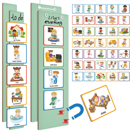 D-FantiX Visual Schedule for Kids Toddlers, Routine Chore Chart Magnetic Cards for Kids, Autism Learning Materials, Daily Behavior Schedule for Home School, 35 Cards, 2 Boards, 2 Strips