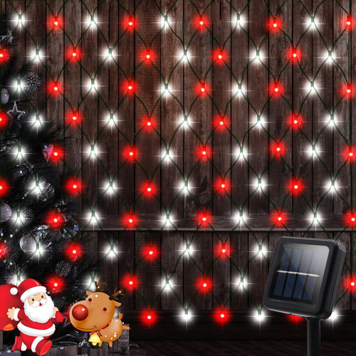 Red White Solar Powered LED Net Lights 5Ft x 5Ft,100 LEDs Christmas Bush Net Lights Solar Christmas Candy Cane Red White Net Lights,8 Modes Christmas Net Lights Solar for Christmas Outdoor Decoration