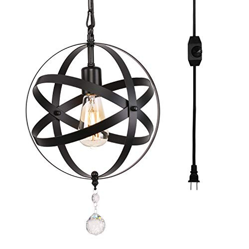 Kingmi Plug-in Industrial Metal Pendant Light with 16.4 Ft Hanging Cord and Dimmable On/Off Switch Vintage Metal Spherical Lantern Chandelier Ceiling Light Fixture