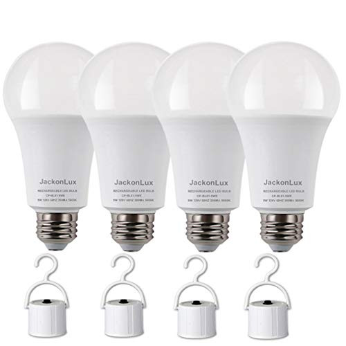 Rechargeable Emergency Light Bulb JackonLux UL Listed Battery Operated Light Bulb Power Outage Camping Reading Lighting Hurricane 9W 850 Lumens Daylight 5000K E26 120 Volt 4-Pack