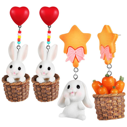 2 Pairs Easter Earrings Love Heart Earrings Rabbit Earrings Bunny Earrings Dangle Easter Dangle Earrings Easter Drop Earrings Cartoon Carrot Piercings Fashion Miss 925 Silver