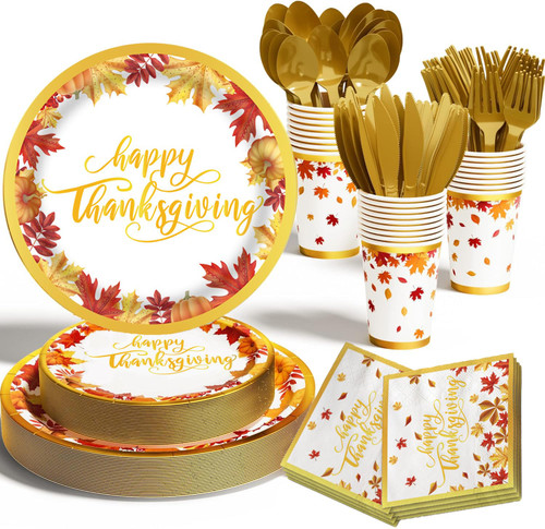 HJYAJZT 176PCS Party Supplies for Harvest Celebrations- Thanksgiving Disposable Dinnerware Set (25 Guests) with Paper Plates Plastic Forks Knives Spoon Napkins Cups in Maple Leaves Gold HJYAJZT 176PCS Party Supplies for Harvest Celebrations- Thanksgiving Disposable Dinnerware Set (25 Guests) with Paper Plates Plastic Forks Knives Spoon Napkins Cups in Maple Leaves Gold