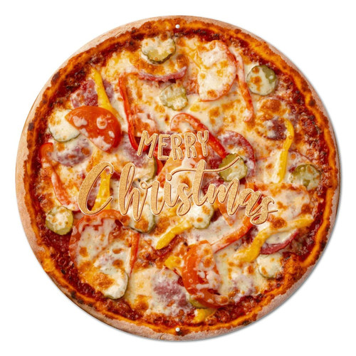 Round Metal Sign Plaque Merry Christmas Delicious Pizza Vintage Wreath Sign Weathered Bar Bar Sign Plaque Decorative Metal Art Prints for Shed Home Christmas Xmas Day Decor 9 Inch