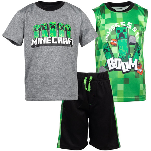 Minecraft Creeper Big Boys Graphic T-Shirt Tank Top Mesh Shorts 3 Piece Outfit Set Black/Green/Grey 14-16