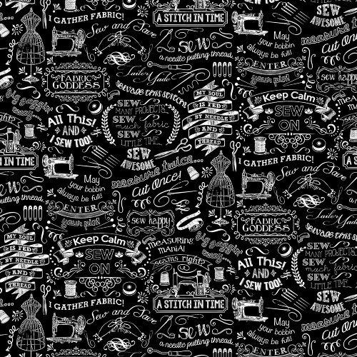 Timeless Treasures Fabrics Sew Floral Gail Cadden Sewing Words Black