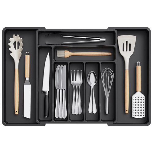 Lifewit Silverware Drawer Organizer, Expandable Utensil Organizer for Kitchen Drawers, Adjustable Cutlery and Flatware Tray, Plastic Spoons Forks Knives Holder Storage Dividers, Large, Black