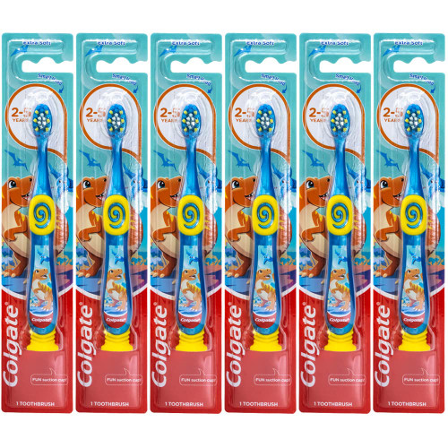 Colgate Dinosaur Toothbrush for Children with Suction Cup, Kids 2-5 Years Old, Extra Soft - Pack of 6