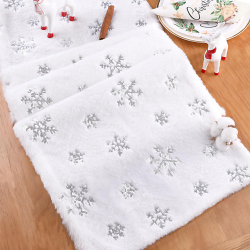 White Table Runner 13x72 Inch Christmas Table Runner Silver Sequin Snowflakes Runner for Xmas Winter Holiday Kitchen Dining Table Decoration