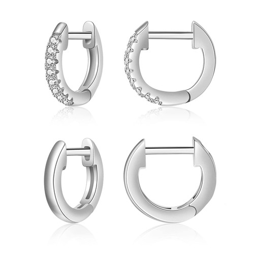14K White Gold Plated Cubic Zirconia Cuff Earrings Huggie Stud Hoop 2-Pair Set For Women