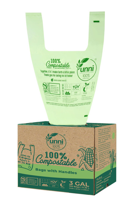 UNNI Compostable Bags with Handles, 3 Gallon, 11.35 Liter, 100 Count, 0.68 Mil, Samll Kitchen Food Scrap Waste Bags, T-Shirt Bags, ASTM D6400, US BPI, CMA & OK Compost Home Certified, San Francisco