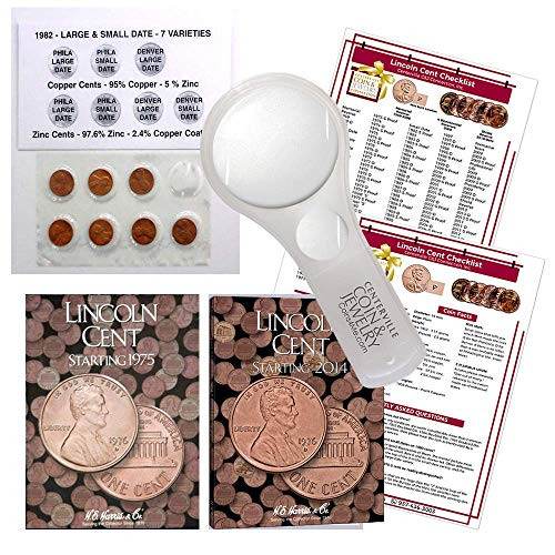 Lincoln Penny Starter Collection Kit, with 1982 Varieties, H.E. Harris [2674] Lincoln Cent Folder Vol. 3, [4002] Folder Vol. 4, Magnifier & Checklist, (5 Items) Great Start for Beginner Collectors