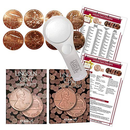 Lincoln Penny Starter Collection Kit, with 2009 Varieties, H.E. Harris [2674] Lincoln Cent Folder Vol. 3, [4002] Folder Vol. 4, Magnifier & Checklist, (5 Items) Great Start for Beginner Collectors