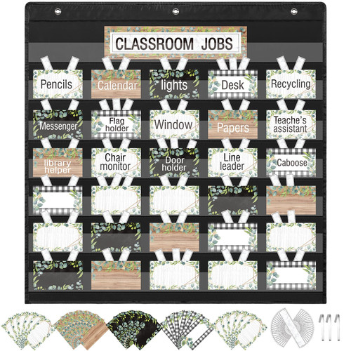 Class Jobs Pocket Chart Classroom Pocket Holder Daily Visual Schedule Pockets Pocket Chart Teacher's Helper Chalkboard Class Bulletin Board for Teachers School Classroom Decor Supplies (Plant)