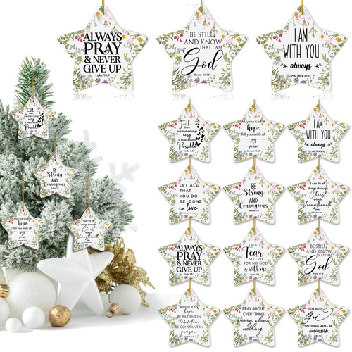 Poen Christian Christmas Ornaments Bible Verse Ceramic Ornament Star Wildflower Inspirational Quotes Religious Ornaments for Christmas Tree Scripture Bedroom Decor Hanging Christian Gift(12 Pcs)