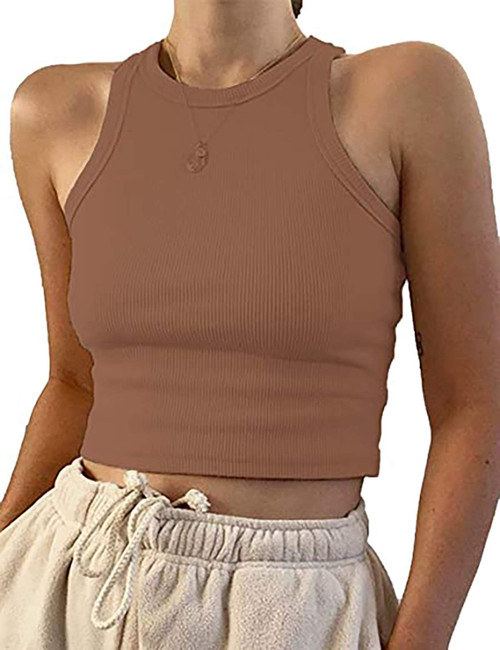 Meladyan Women's Round Neck Basic Racerback Camisole Rib-Knit Solid Sleeveless Crop Tank Tops (Small, Brown) Meladyan Women's Round Neck Basic Racerback Camisole Rib-Knit Solid Sleeveless Crop Tank Tops (Small, Brown)