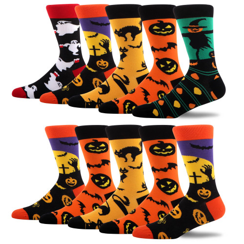 MAKABO Men's Halloween Socks Bats Pumpkins Ghosts Colorful Novelty Pattern - 10 Pairs - Size 13-15