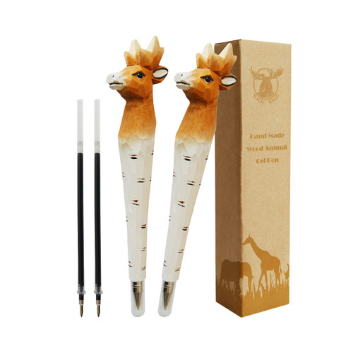 MAGIC WOOD 2PCS Wood Carved Animal Gel Pen 100% Handmade and handpaited, Cute Stationary School Supply Office Supply, Fun Pen Novelty Writing Pen, Unique Gift Pen for Animal (Elk on the tree)