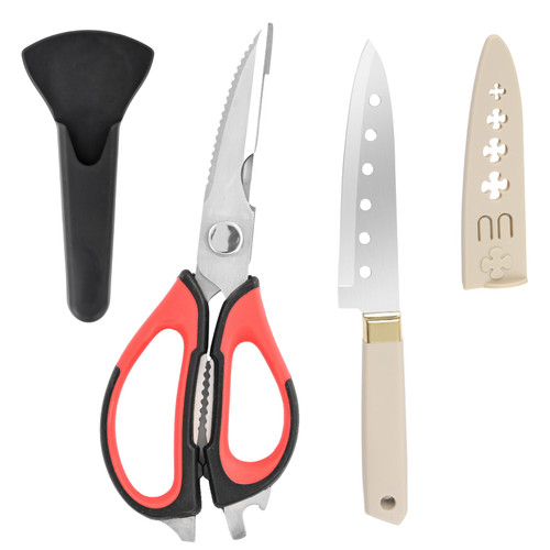 Loceast Kitchen Scissors with Magnetic Holder, Multi Purpose Stainless Steel Kitchen Utility Scissors, Dishwasher Safe Kitchen Shears And A Ultra Sharp Paring Knife (Black and Red Magnetic scissors)