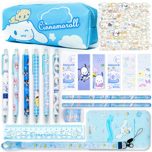 LAMPYRIS Cute School Supplies, Kawaii Office Supplies, Stationery Set Includes Pencil Cse, Gel Pen, Ruler, Stickers, Pencils, Eraser, Bookmarks, Lanyard with ID Card Holder for Girls Gifts