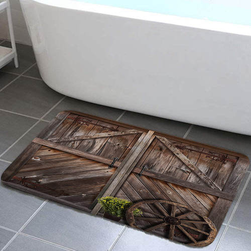 Jipusai Rustic Barn Door Bath Mat Rugs, Western Vintage Farmhouse Wood Board Bathroom Shower Mats, Brown Wooden Country Bath Rugs Non Slip Mat 17X29 in