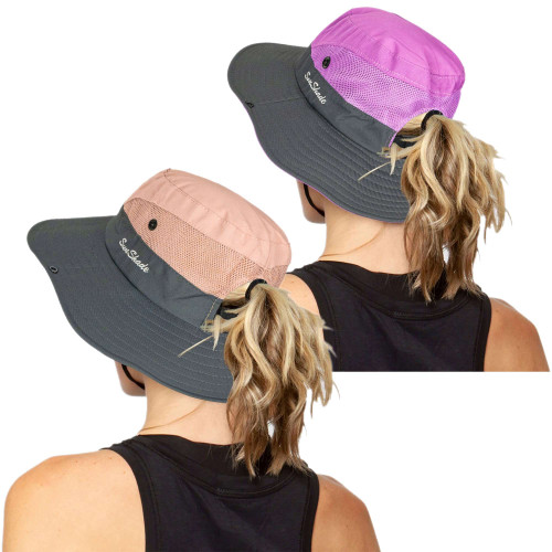 Women's Outdoor UV-Protection-Foldable Sun-Hats Mesh Wide-Brim Beach Fishing Hat with Ponytail-Hole (Pink+Purple)