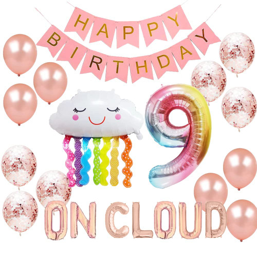 Geloar On Cloud 9 Nine Birthday Decorations For Girls, On Cloud 9 Balloons On Cloud Nine Happy 9th Birthday Banner for Rainbow On Could 9 Nine Year Old Girls 9th Bday Decorations Set of 25 PCS