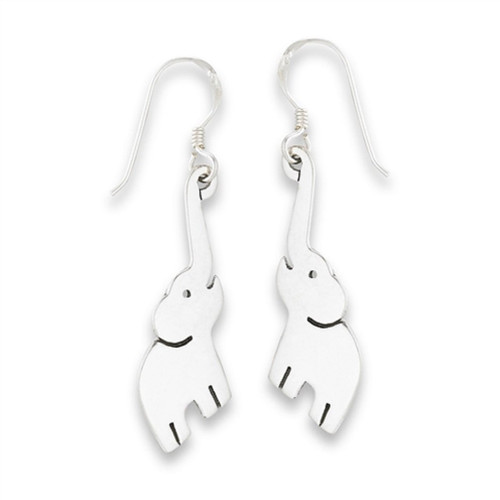 .925 Sterling Silver Trunk Up Elephant Dangle French Wire Earrings