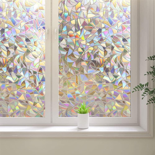 Window Privacy Film, 3D Rainbow Glass Window Clings, Stained Decorative Window Decals, Static Clings Window Sticker No-Glue Non-Adhesive (17.5'' x 157.4'')