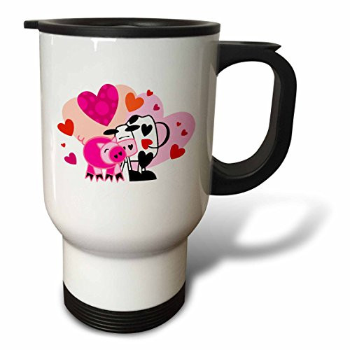 3dRose tm_102445_1" Cute Cow and Pig Valentine Design-" Travel Mug, 14 oz, Multicolor