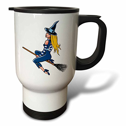 3dRose tm_220459_1 Cute Blonde Witch on Broomstick on White Background Travel Mug, 14 oz, White