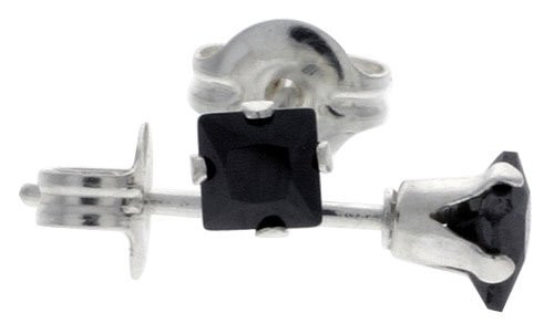 3 Pair Set Sterling Silver Cubic Zirconia Square Black Studs Earrings 3 mm princess cut 1/5 carat/pair
