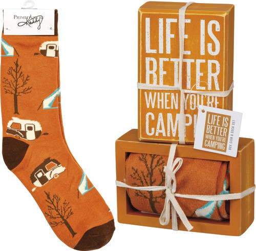 Primitives by Kathy Decorative Box Sign & Pair of Socks Gift Set - Life is Better When You're Camping,Brown