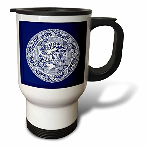 3dRose tm_220439_1 Willow Pattern in Delft Blue and White Travel Mug, 14 oz, White