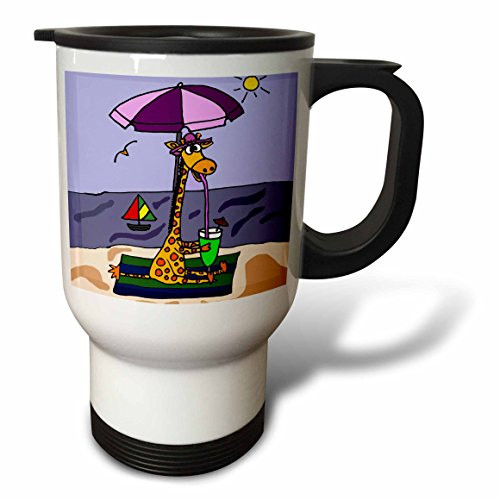 3dRose tm_195125_1 Funny Giraffe at The Beach Stainless Steel Travel Mug, 14 oz, White