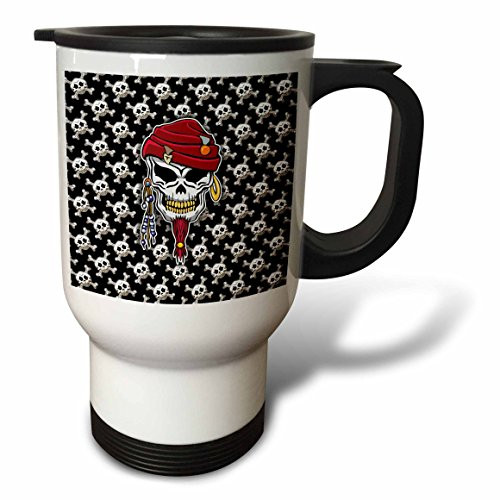 3dRose tm_219288_1 Pirate Skull with earrings and red goatee over skull and crossbones-Travel Mug, 14 oz, Stainless Steel, White