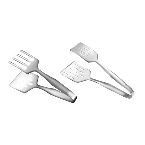 SHOWERORO 2pc Steak Spatula Stainless Steel Serving Tongs Metal Barbecue Clamp Slotted Spatula Steak Clamps Bacon Clamp Fish Flipper Spatula Ice Tongs Metal Slotted Turner Kitchen Food Fin