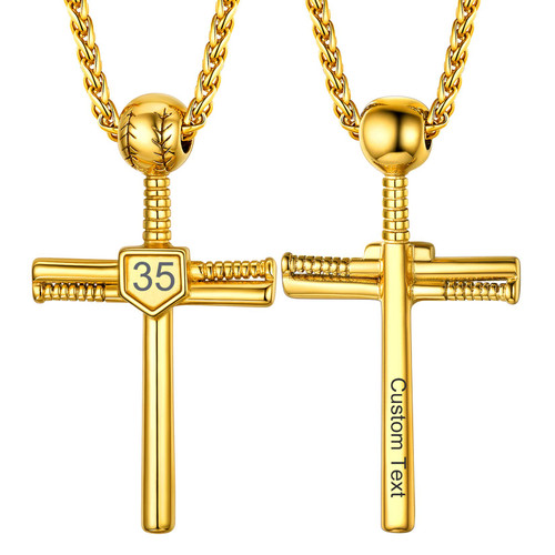 U7 Cross Necklace 18K Gold Plated Chain Jersey Number Pendant Sport Style Baseball Home Plate Bat Pendant Necklaces for Men Women, Adjustable 22-24 INch