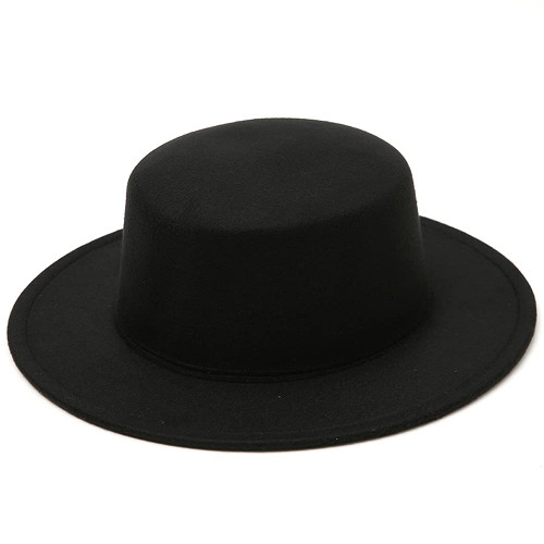 Fashion Wool Blend Fedora Hat Wide Brim Church Flat Top Derby Cap for Men Women Black