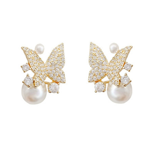 Earrings 1 Pair Women Stud Earrings Faux Pearls Butterflies Popular Rhinestones Imitation Pearl Earrings