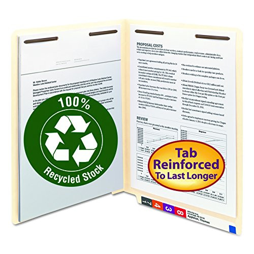 Smead 100% Recycled End Tab Fastener File Folder, Shelf-Master Reinforced Straight-Cut Tab, 2 Fasteners, Letter Size, Manila, 50 per Box (34160)