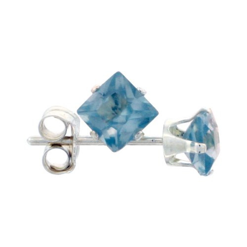 3 Pair Set Sterling Silver Cubic Zirconia Square Blue Topaz Studs Earrings 4 mm Princess cut 3/4 carat/pair