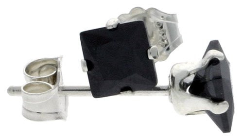 3 Pair Set Sterling Silver Cubic Zirconia Square Black Studs Earrings 4 mm Princess cut 3/4 carat/pair