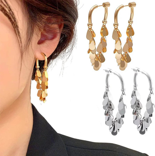 Asnewa Sequin Tassel Earrings, 18K Gold Plated Shiny Sequins Tassel Dangle Drop Earrings, Dangle Earrings for Women, Disc Hoop Earrings for Women (2 Pairs)